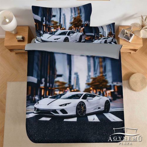 Autós ágyneműhuzat garnitúra, 3 részes ágynemű garnitúra, Fehér sportautó