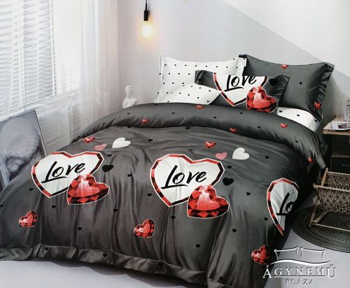3 részes ágyneműhuzat garnitúra, ágyneműhuzat szett, pamut ágynemű, Szürke szíves ágynemű