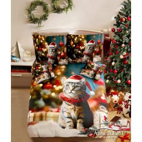   3 részes Karácsonyi ágynemű garnitúra, karácsonyos ágyneműhuzat garnitúra, karácsonyi Mikulás cica