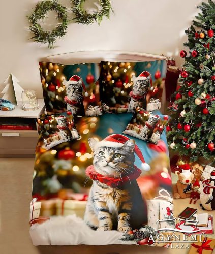 3 részes Karácsonyi ágynemű garnitúra, karácsonyos ágyneműhuzat garnitúra, karácsonyi Mikulás cica