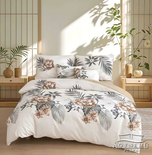 7 részes Flanel ágynemű garnitúra, vastag flanel ágyneműhuzat szett, krém Virágos