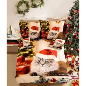   7 részes Karácsonyi ágynemű garnitúra, karácsonyos ágyneműhuzat garnitúra, karácsonyi Mikulás cica
