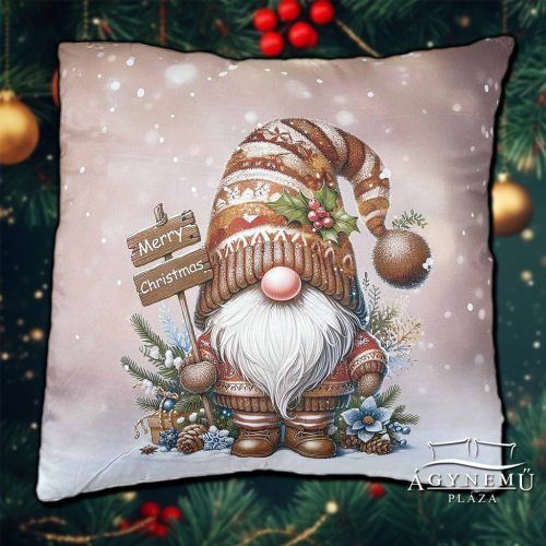 Barna karácsonyi manós díszpárna, 45x45 cm