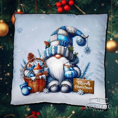 Kék karácsonyi manós díszpárna, 45x45 cm