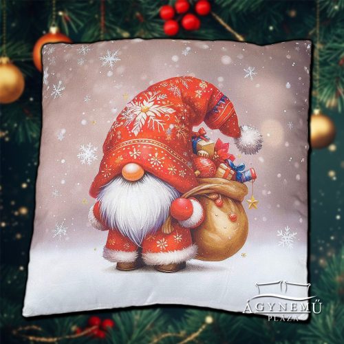 Piros karácsonyi manós díszpárna, 45x45 cm