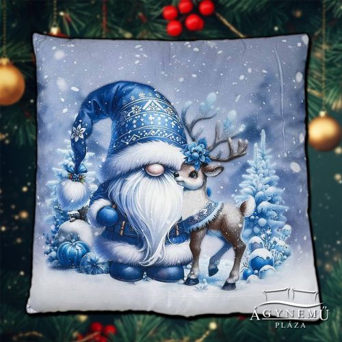Kék karácsonyi manós díszpárna, 45x45 cm