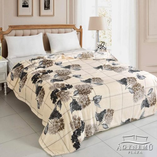 Ágytakaró pléd, nyomott mintás polár pléd, mikroszálas plüss pléd, 230x200 cm Krém virágos