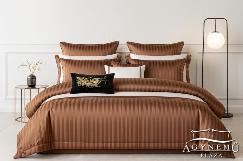 Selyem ágyneműhuzat garnitúra, 3 részes szatén ágynemű, Barna szatén csíkos