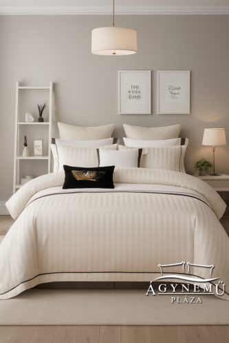 Selyem ágyneműhuzat garnitúra, 3 részes szatén ágynemű, Krém szatén csíkos