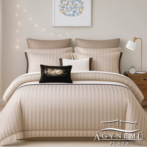 Selyem 220x200 cm ágyneműhuzat garnitúra, 6 részes szatén ágynemű, Világosbarna szatén csíkos