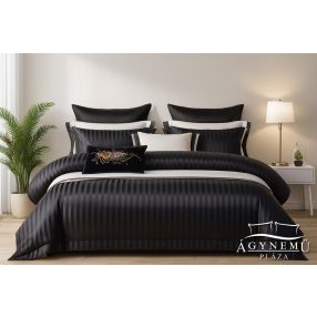   Selyem 220x200 cm ágyneműhuzat garnitúra, 6 részes szatén ágynemű, Fekete szatén csíkos