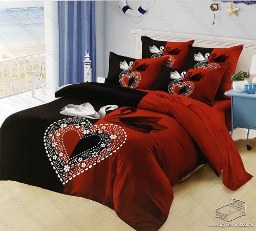 6 részes pamut ágynemű garnitúra, 220x200 cm ágyneműhuzat garnitúra, Mr. & Mrs. Piros és fekete hattyú