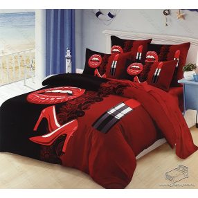   6 részes pamut ágynemű garnitúra, 220x200 cm ágyneműhuzat garnitúra, Mr. & Mrs. Piros és fekete rúzs és csók