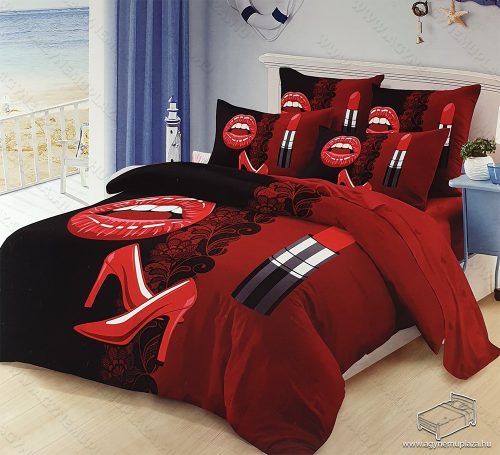 6 részes pamut ágynemű garnitúra, 220x200 cm ágyneműhuzat garnitúra, Mr. & Mrs. Piros és fekete rúzs és csók