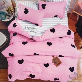   6 részes pamut ágynemű garnitúra, 220x200 cm ágyneműhuzat garnitúra, Rózsaszín szíves