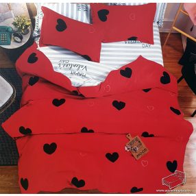   6 részes pamut ágynemű garnitúra, 220x200 cm ágyneműhuzat garnitúra, Piros szíves