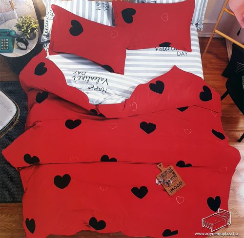 6 részes pamut ágynemű garnitúra, 220x200 cm ágyneműhuzat garnitúra, Piros szíves