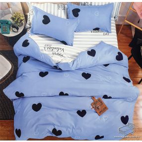   6 részes pamut ágynemű garnitúra, 220x200 cm ágyneműhuzat garnitúra, Kék szíves