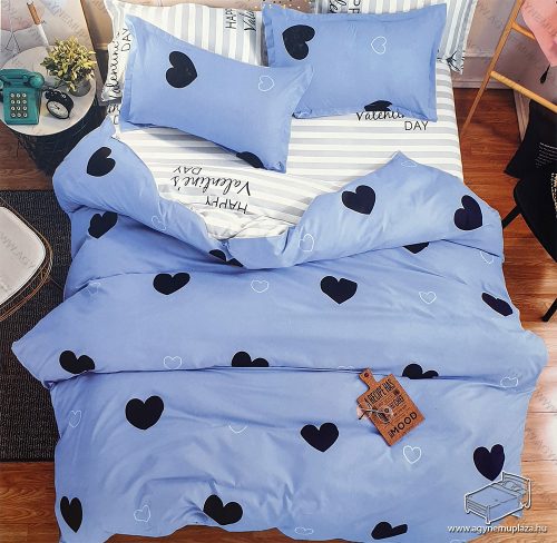 6 részes pamut ágynemű garnitúra, 220x200 cm ágyneműhuzat garnitúra, Kék szíves