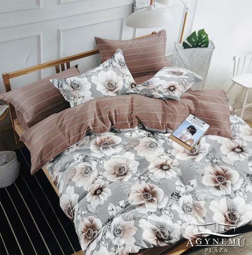 7 részes ágyneműhuzat garnitúra, ágynemű garnitúra szett, barna Virágos