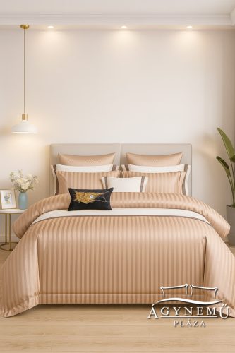 Selyem ágyneműhuzat garnitúra, 7 részes szatén ágynemű, Világosbarna szatén csíkos