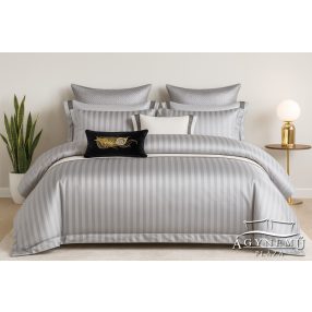   Selyem ágyneműhuzat garnitúra, 7 részes szatén ágynemű, Szürke szatén csíkos