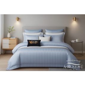  Selyem ágyneműhuzat garnitúra, 7 részes szatén ágynemű, Világoskék szatén csíkos