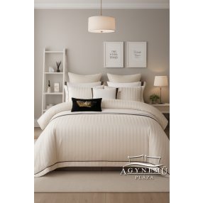   Selyem ágyneműhuzat garnitúra, 7 részes szatén ágynemű, Krém szatén csíkos