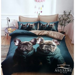   7 részes ágyneműhuzat garnitúra, ágynemű garnitúra szett, türkiz Francia Bulldog ágynemű