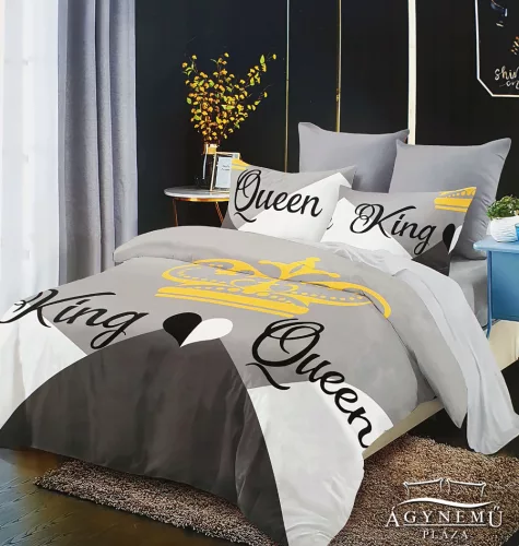 7 részes Mr. & Mrs. ágyneműhuzat garnitúra, ágynemű garnitúra szett, szürke és fehér King és Queen