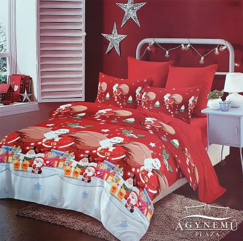 7 részes pamut ágynemű garnitúra, Karácsonyi ágyneműhuzat szett, piros Télapós