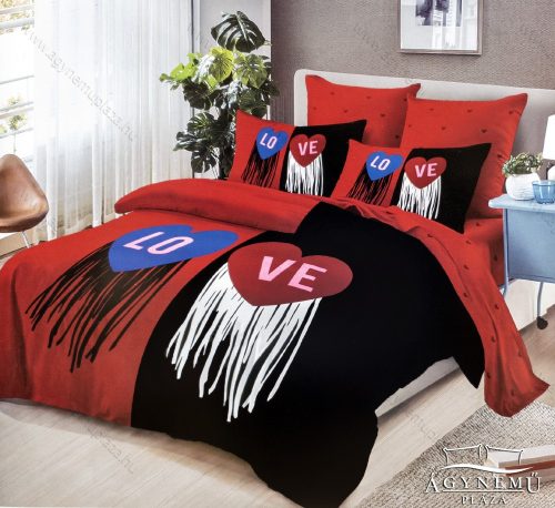 7 részes pamut ágynemű garnitúra, Mr. & Mrs. ágyneműhuzat szett, piros és fekete Love
